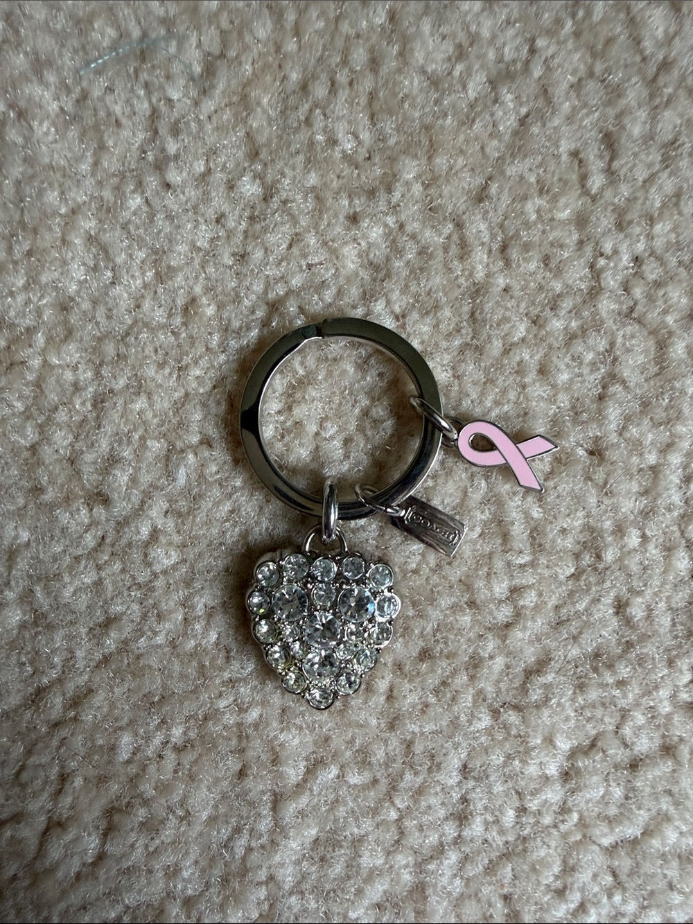 Coach Silver Key Ring with Crystal Heart and Pink Ribbon Charm